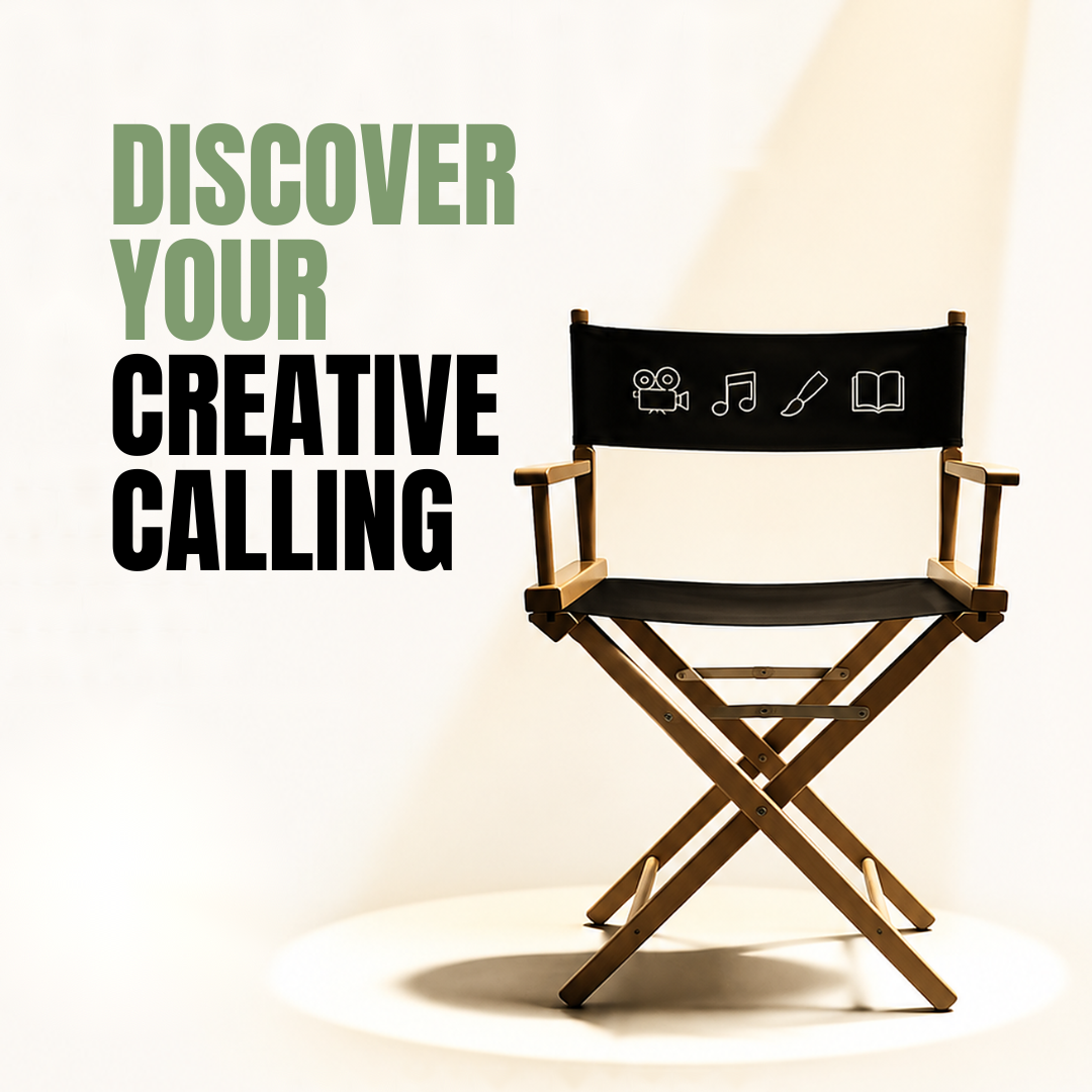 Discover your creative calling — a director's chair marked with film, music, art, and writing icons